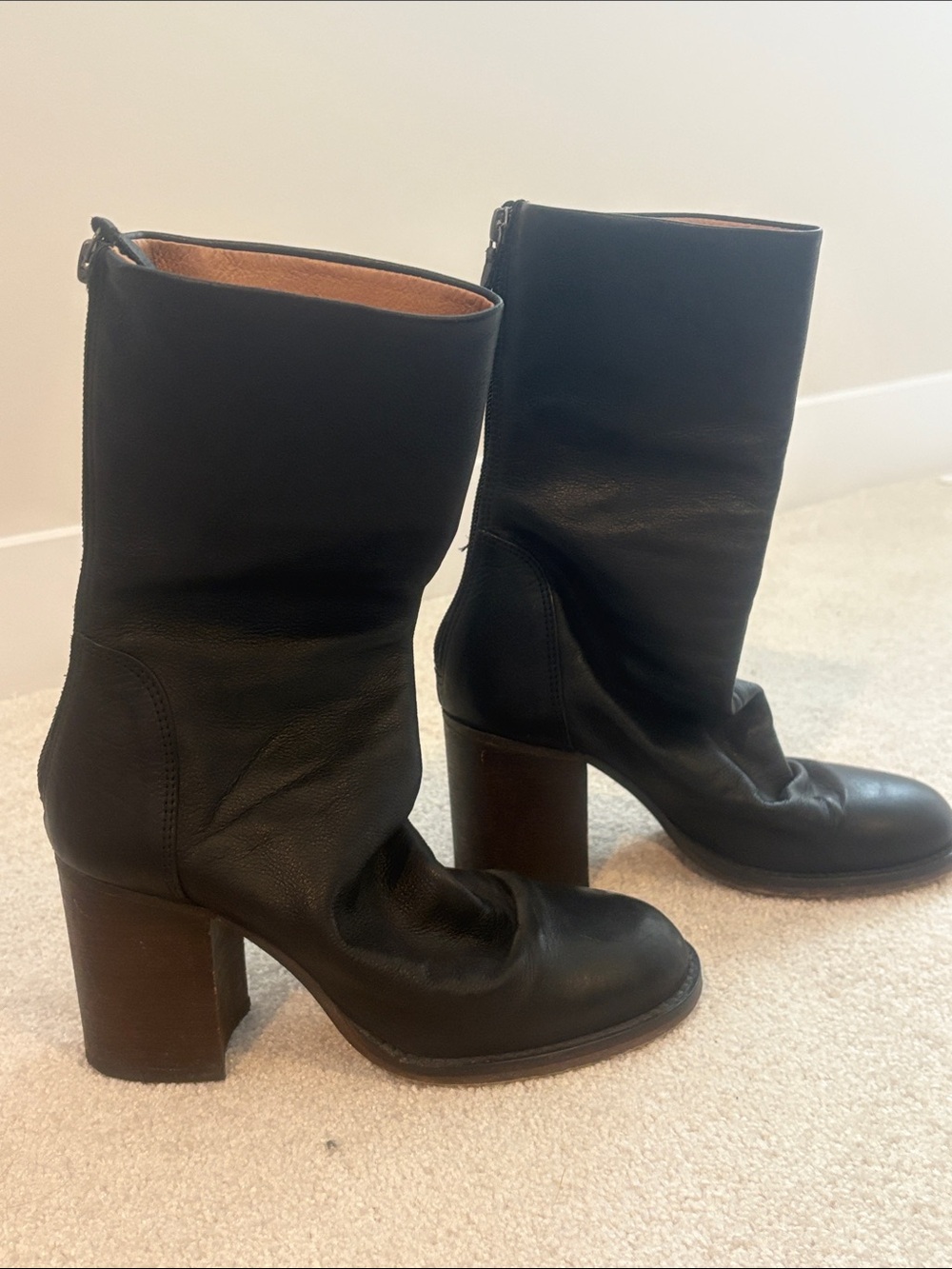 Free People Black Mid-Calf Leather Block Heel Boots